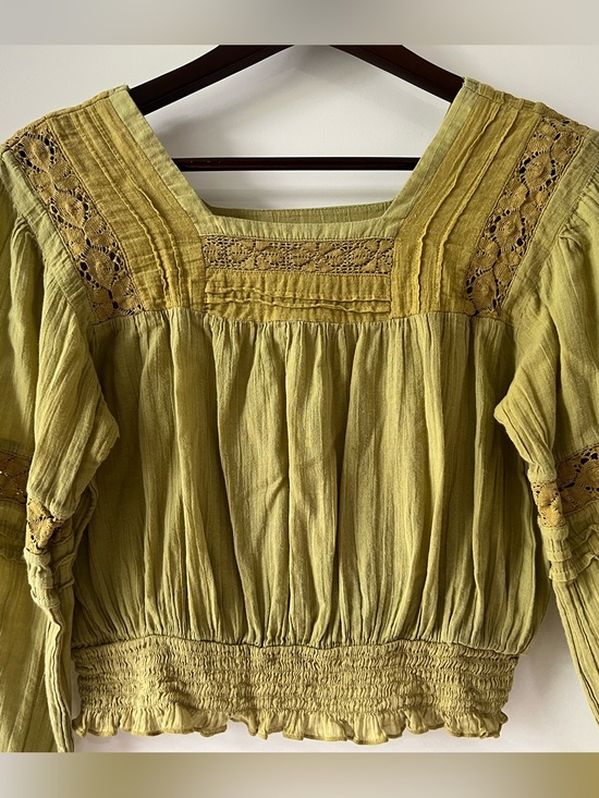 American Eagle Outfitters Tops - American Eagle Boho Festival Green Lace Smocked Waist Long Sleeve Crop Blouse XS